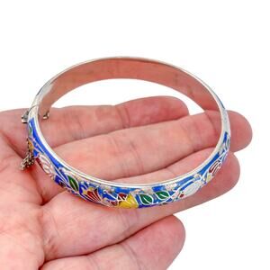 Vintage Thailand Sterling Silver 925 Blue Cloisonne Enamel Bangle Bracelet 7.5"